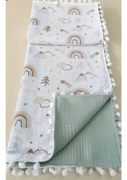 Pamuk Gökkuşaklı Müslin ve Çağla Yeşili Pikeli Çift Kat Örtü (110X110 Ölçülerinde) fiyatları