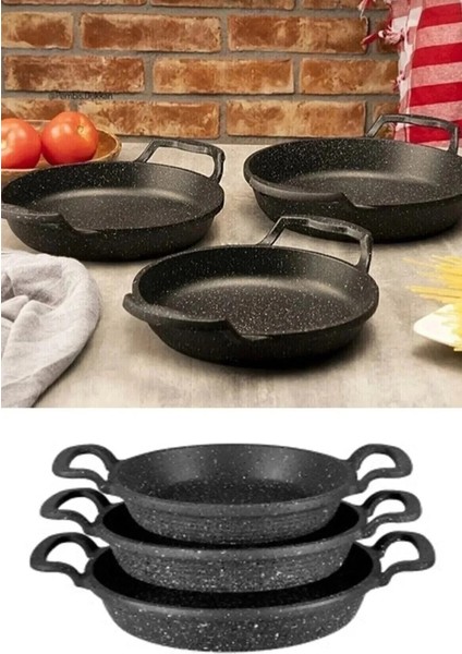 Siyah 3’lü Lüx Granit Döküm Sahan ve Yumurta Tavası Seti, 18-20-22 cm