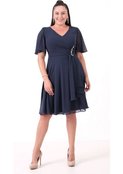 Kadın Lacivert V Yaka Taşlı Büyük Beden Şifon Abiye Elbise modelleri
