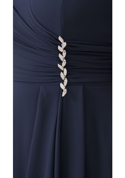 Kadın Lacivert V Yaka Taşlı Büyük Beden Şifon Abiye Elbise fırsatları