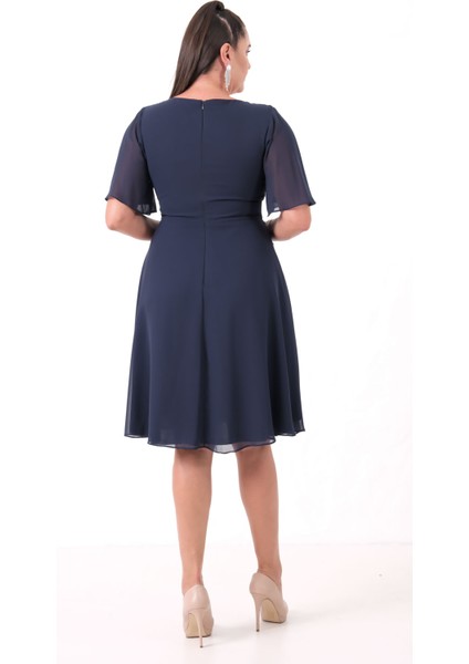 Kadın Lacivert V Yaka Taşlı Büyük Beden Şifon Abiye Elbise indirimleri