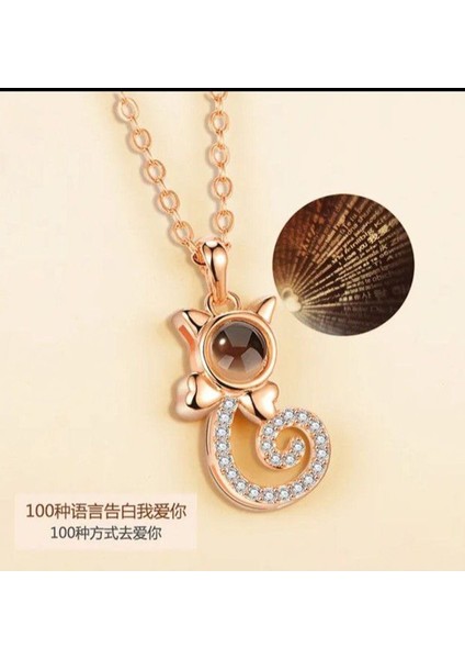 Sevgi Dolu Kedi Kolyesi - 100 Dilde Aşk Mesajı