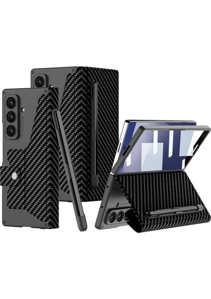 Galaxy Z Fold 7 Kılıf Kamera Korumalı Karbon Tasarımlı Zore Kıpta Kalem Bölmeli Fest Kapak - Siyah