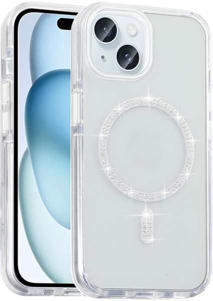 iPhone 15 Kılıf Taşlı Tasarım M-Safe Şarj Özellikli Zore Koment Silikon Kapak - Gümüş