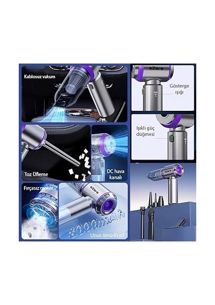 Dt-02 Kablosuz Araç Içi Süpürge| 16000PA Güçlü Vakum | Fırçasız Motor | Üfleme & Vakum Özellikli modelleri