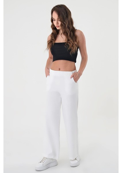 Kadın Beyaz Lastikli Palazzo Pantolon
