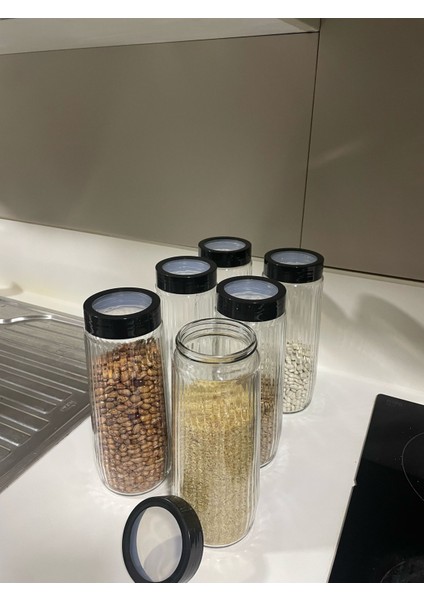 6 Adet Mega Boy Uzun Dik Saydam Kapaklı Çizgili Cam Kavanoz Seti 1500ML Erzak Saklama Kabı