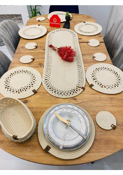 Bej Hasır Jüt Sunum Takımı: Tabak, Supla, Amerikan Servis, Runner, Sepet ve Bardaklık (14'lü)