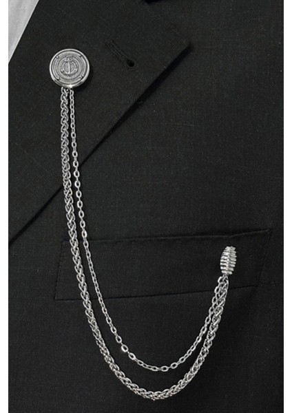 Gümüş Renk Çapa Ceket & Damatlık & Blazer Zincirli Yaka Aksesuarı