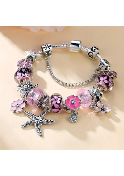 Pandora Tarz, Pembe Deniz Yıldızı, Caretta,aşk Temalı Charm Bileklik, Ahşap Kutu Içerisinde