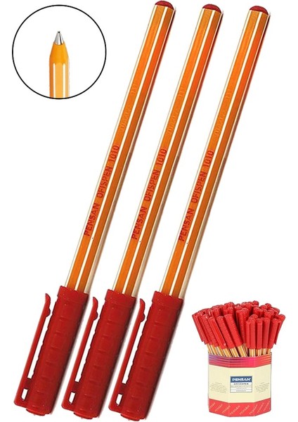 Kırmızı Tükenmez Kalem 1010 1.0mm 3 Adet Pensan Büro Ofispen Büro Plastik Kapaklı Tükenmez Kalem