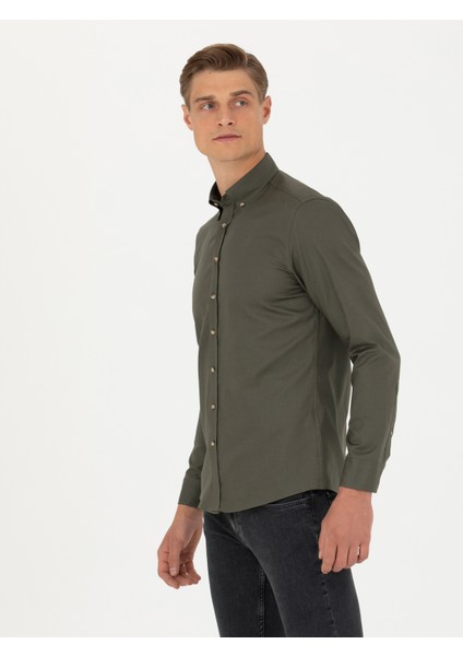 Erkek Haki Slim Fit %100 Pamuk Oxford Gömlek 50270162-VR054