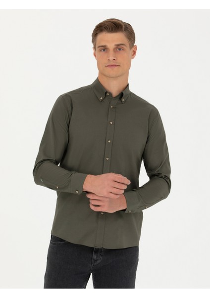Erkek Haki Slim Fit %100 Pamuk Oxford Gömlek 50270162-VR054 fırsatları