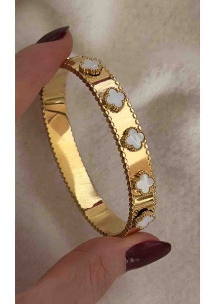 Zirkon Taşlı Yonca Model Çelik Kelepçe Bileklik (17CM)