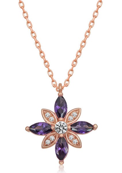 925 Ayar Gümüş Mor Taşlı Umut Çiçeği Gümüş Kolye T6018