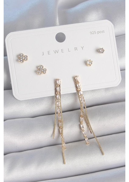 Pirinç Gold Renk Su Yolu Zirkon Taşlı Sallantı Model Çiçek Detay 925 Ayar Gümüş Çivi Kadın Küpe Seti - BKP10490