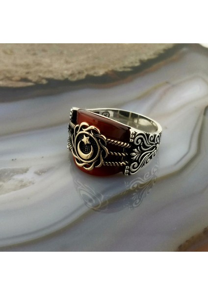 925 Ayar Gümüş Akik Taşlı Ay Yıldız Erkek Yüzük