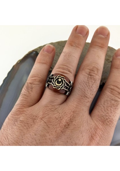 925 Ayar Gümüş Akik Taşlı Ay Yıldız Erkek Yüzük fiyatları