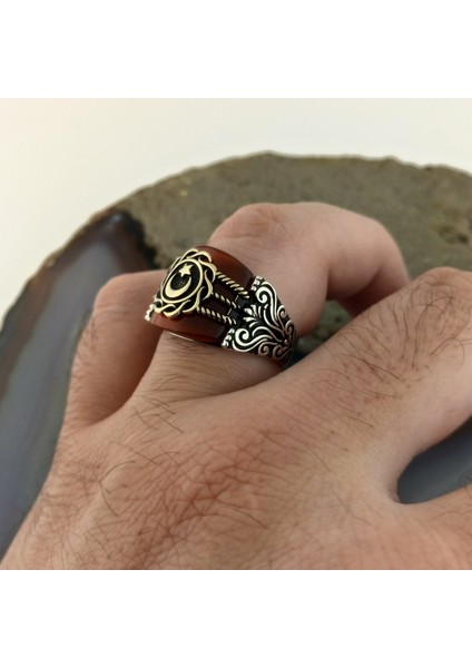 925 Ayar Gümüş Akik Taşlı Ay Yıldız Erkek Yüzük modelleri