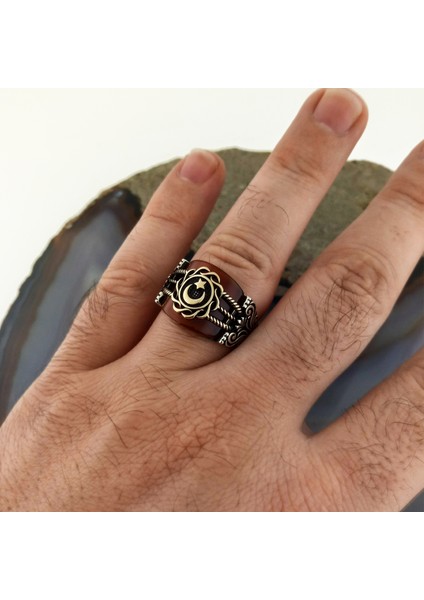 925 Ayar Gümüş Akik Taşlı Ay Yıldız Erkek Yüzük fırsatları