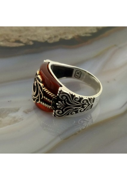 925 Ayar Gümüş Akik Taşlı Ay Yıldız Erkek Yüzük indirimleri