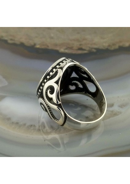 925 Ayar Gümüş Yeşil Mineli Çerkez Bayrağı Işlemeli Erkek Yüzük fiyatları