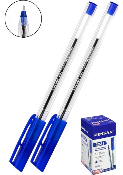 Mavi Tükenmez Kalem 2021 1.0mm 2 Adet Pensan Şeffaf Üçgen Gövde Plastik Kapaklı Tükenmez Kalem Büro Ofis