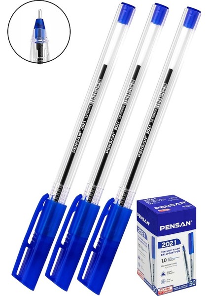 Mavi Tükenmez Kalem 2021 1.0mm 3 Adet Pensan Şeffaf Üçgen Gövde Plastik Kapaklı Tükenmez Kalem Büro Ofis