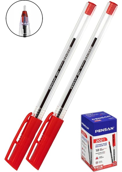 Kırmızı Tükenmez Kalem 2021 1.0mm 2 Adet Pensan Şeffaf Üçgen Gövde Plastik Kapaklı Tükenmez Kalem Büro Ofis