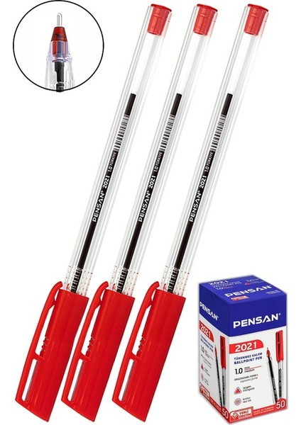 Kırmızı Tükenmez Kalem 2021 1.0mm 3 Adet Pensan Şeffaf Üçgen Gövde Plastik Kapaklı Tükenmez Kalem Büro Ofis