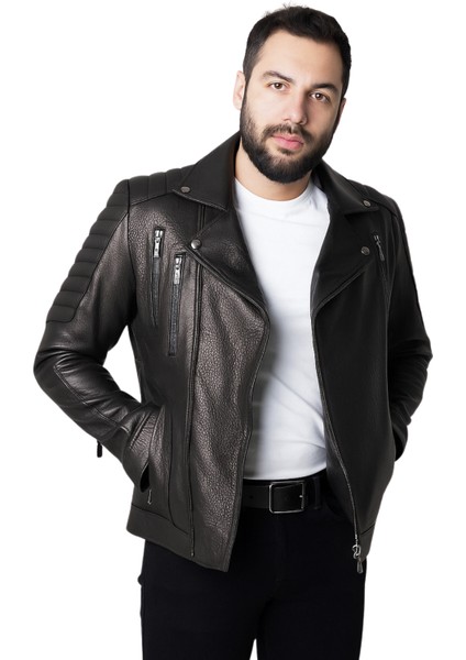 Lucas Hakiki Jumbo Deri Erkek Siyah Biker Motorcu Tarzı Ceket-Mont