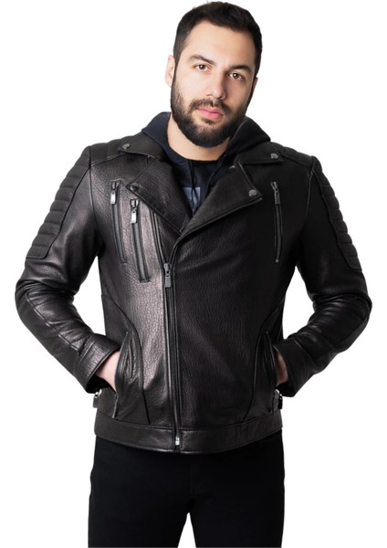 Lucas Hakiki Jumbo Deri Erkek Siyah Biker Motorcu Tarzı Ceket-Mont fiyatları