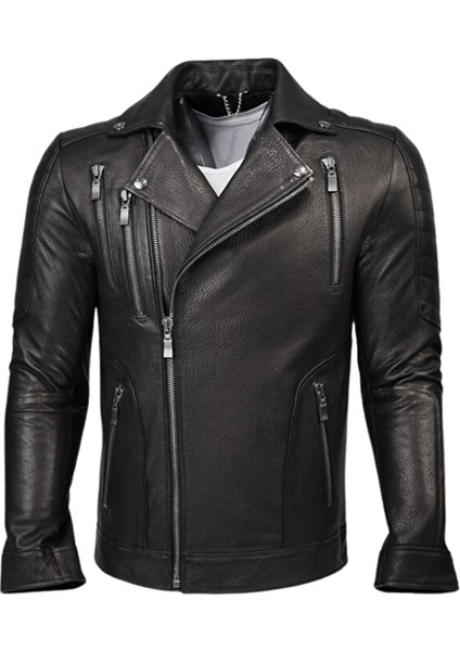 Lucas Hakiki Jumbo Deri Erkek Siyah Biker Motorcu Tarzı Ceket-Mont modelleri