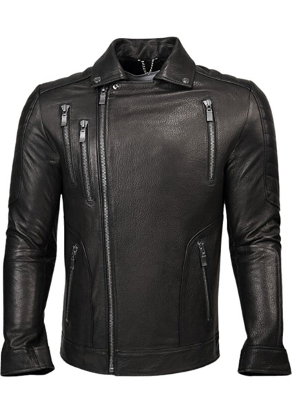 Lucas Hakiki Jumbo Deri Erkek Siyah Biker Motorcu Tarzı Ceket-Mont fırsatları