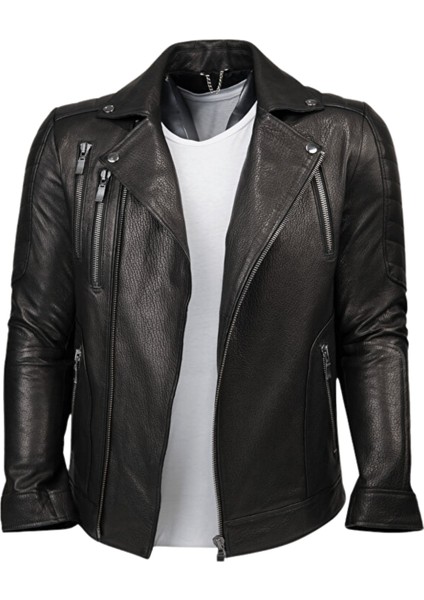 Lucas Hakiki Jumbo Deri Erkek Siyah Biker Motorcu Tarzı Ceket-Mont indirimleri
