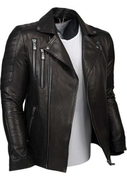 Lucas Hakiki Jumbo Deri Erkek Siyah Biker Motorcu Tarzı Ceket-Mont