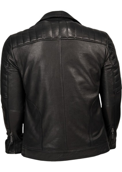Lucas Hakiki Jumbo Deri Erkek Siyah Biker Motorcu Tarzı Ceket-Mont