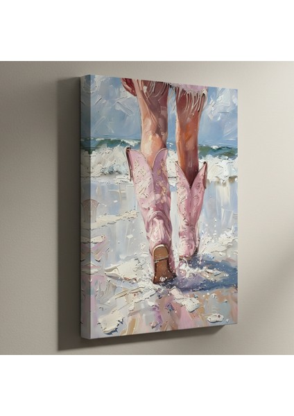 Pembe Kovboy Çizmeleriyle Kumsalda Iz Bırakan Kadın Yağlı Boya Tablosu