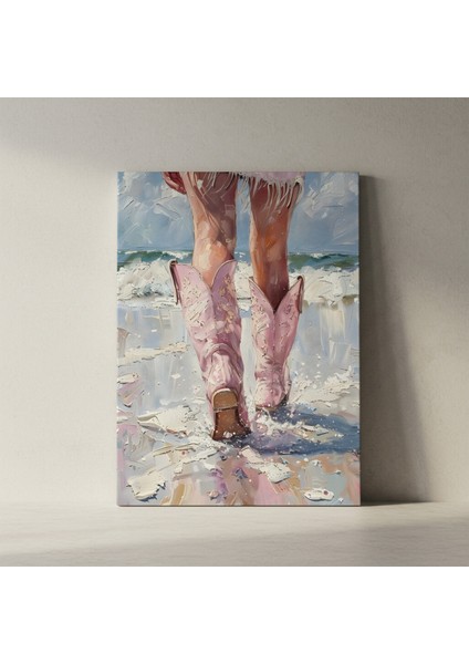 Pembe Kovboy Çizmeleriyle Kumsalda Iz Bırakan Kadın Yağlı Boya Tablosu fiyatları