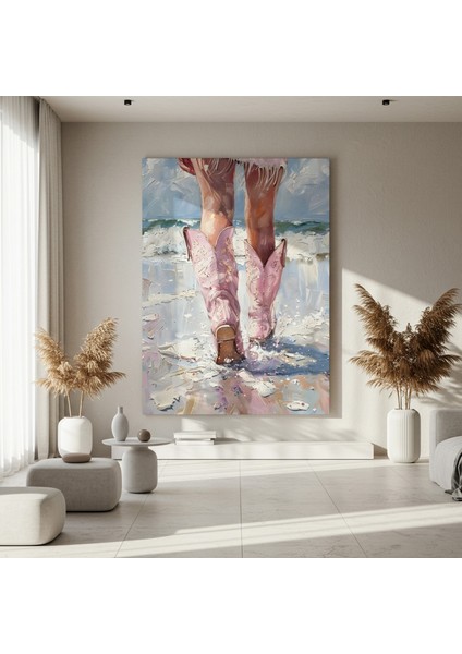 Pembe Kovboy Çizmeleriyle Kumsalda Iz Bırakan Kadın Yağlı Boya Tablosu fırsatları