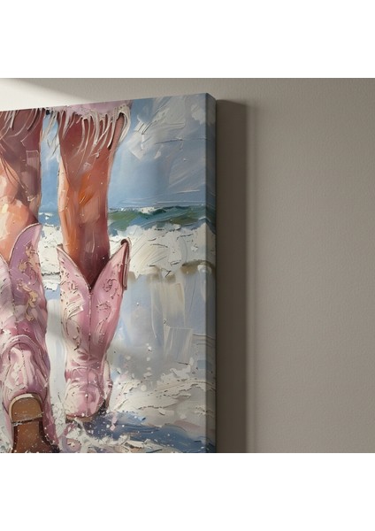 Pembe Kovboy Çizmeleriyle Kumsalda Iz Bırakan Kadın Yağlı Boya Tablosu indirimleri