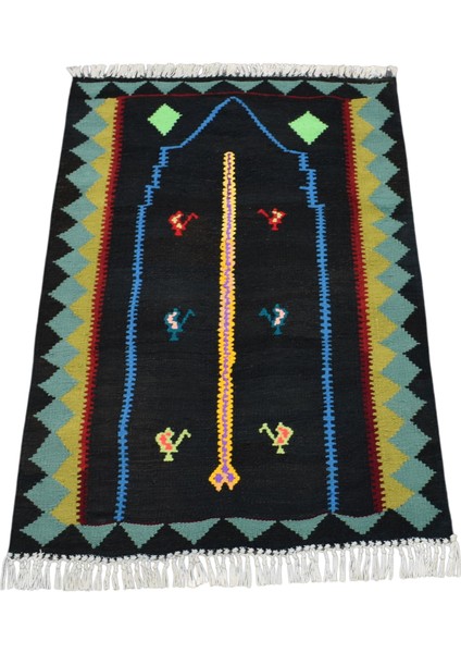 Yeni El Dokuması Benzersiz Bayburt Mihraplı Seccade Siyah Yün Kilim 6403