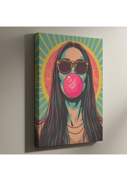 Retro Pop Art Tarzı Sakız Balonu Kız Illüstrasyon Tablosu