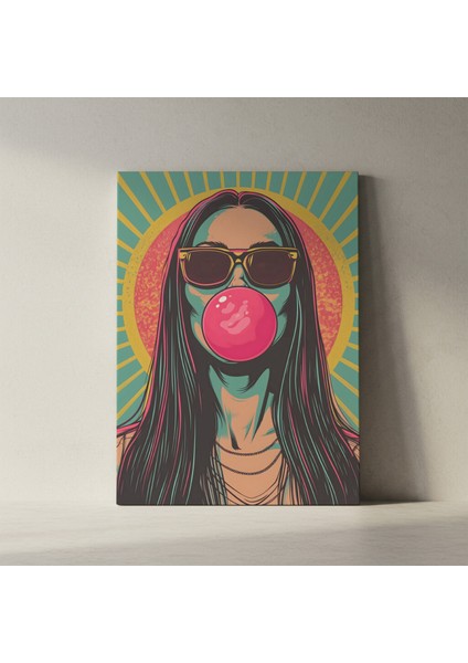 Retro Pop Art Tarzı Sakız Balonu Kız Illüstrasyon Tablosu fiyatları