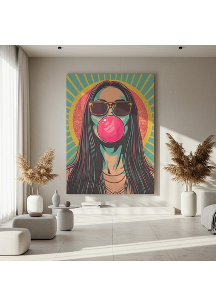 Retro Pop Art Tarzı Sakız Balonu Kız Illüstrasyon Tablosu fırsatları