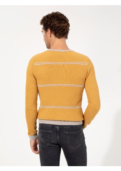 Erkek Sarı Slim Fit Yün Karışımlı Bisiklet Yaka Triko Kazak 50258829-VR044 indirimleri