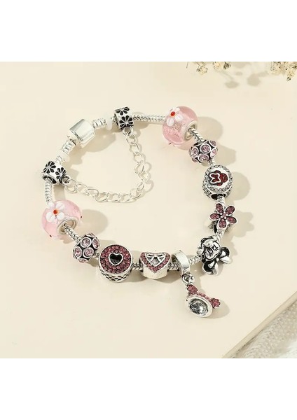 Pandora Tarz , Kiraz Çiçegi Minnie Sevgi Temalı Pembe Charmlı Bileklik, Ahşap Kutu Içerisinde