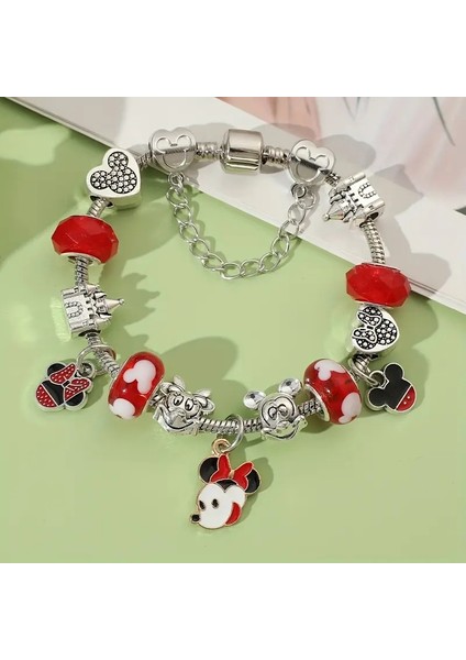 Pandora Tarz , Disney Minnie Mause Temalı Kırmızı Charmlı Bileklik, Ahşap Kutu Içerisinde