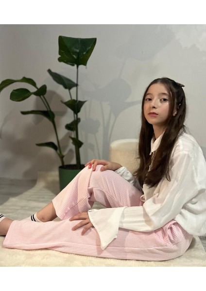 Çizgi Desenli Pembe - Beyaz Renkli Kız Çocuk Pantolon fiyatları