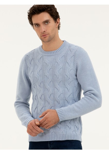 Erkek Açık Mavi Regular Fit Yün Karışımlı Bisiklet Yaka Triko Kazak 50277314-VR003 modelleri